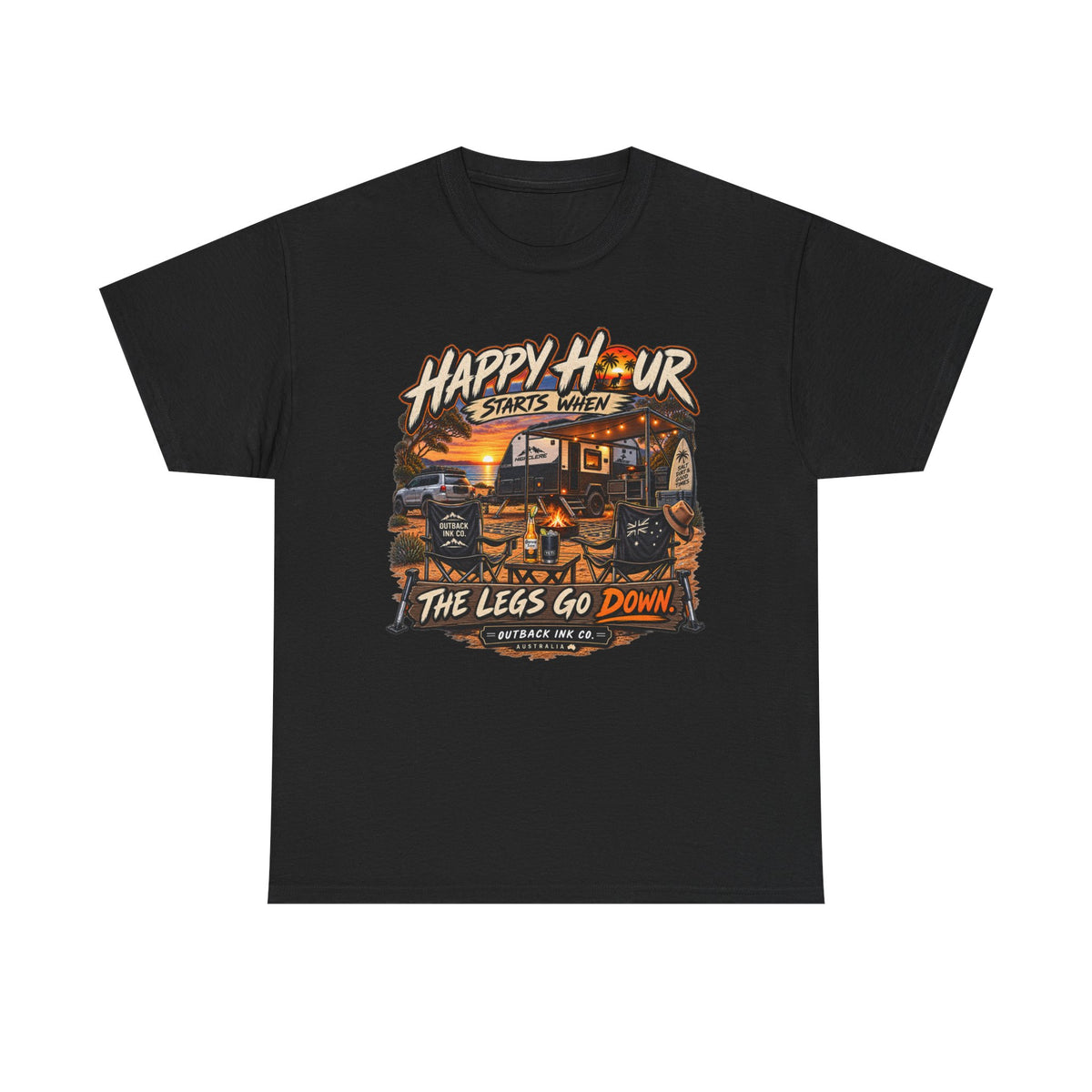 Happy Hour Camper T-Shirt — "Happy Hour Starts When The Legs Go Down" RV Camping Tee