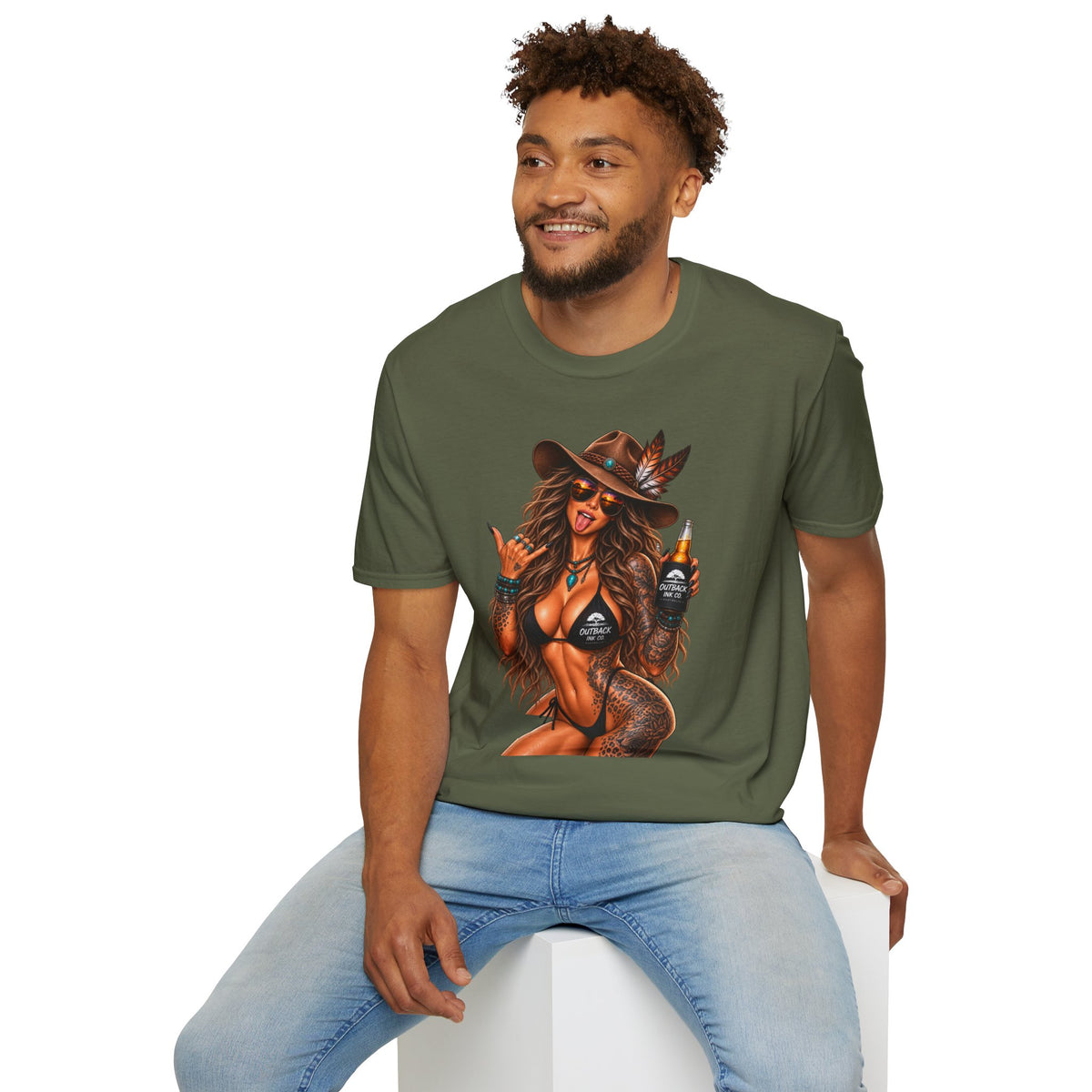 Cowgirl Pinup T-Shirt — Retro Sexy Cowgirl Graphic Tee with Bottle