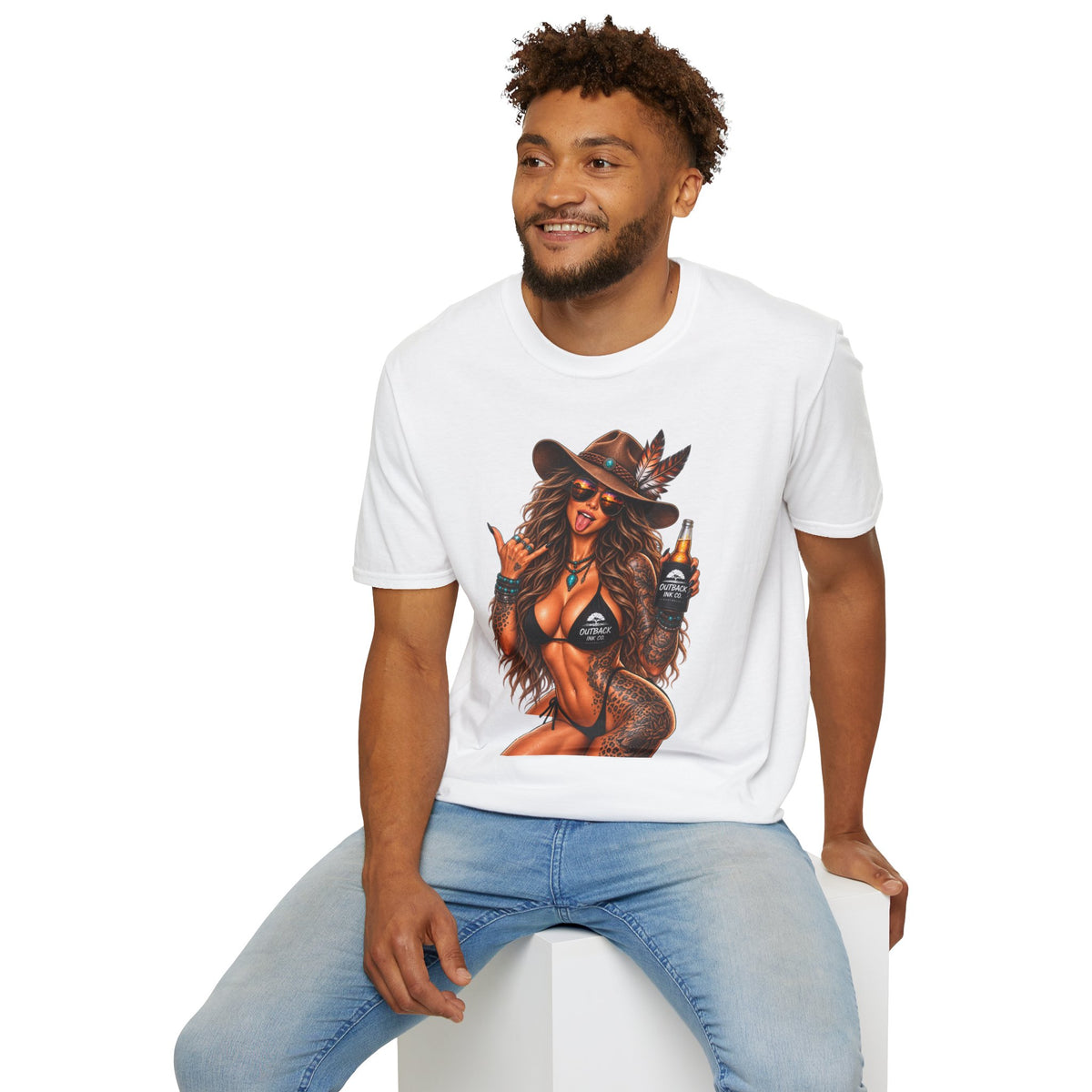 Cowgirl Pinup T-Shirt — Retro Sexy Cowgirl Graphic Tee with Bottle