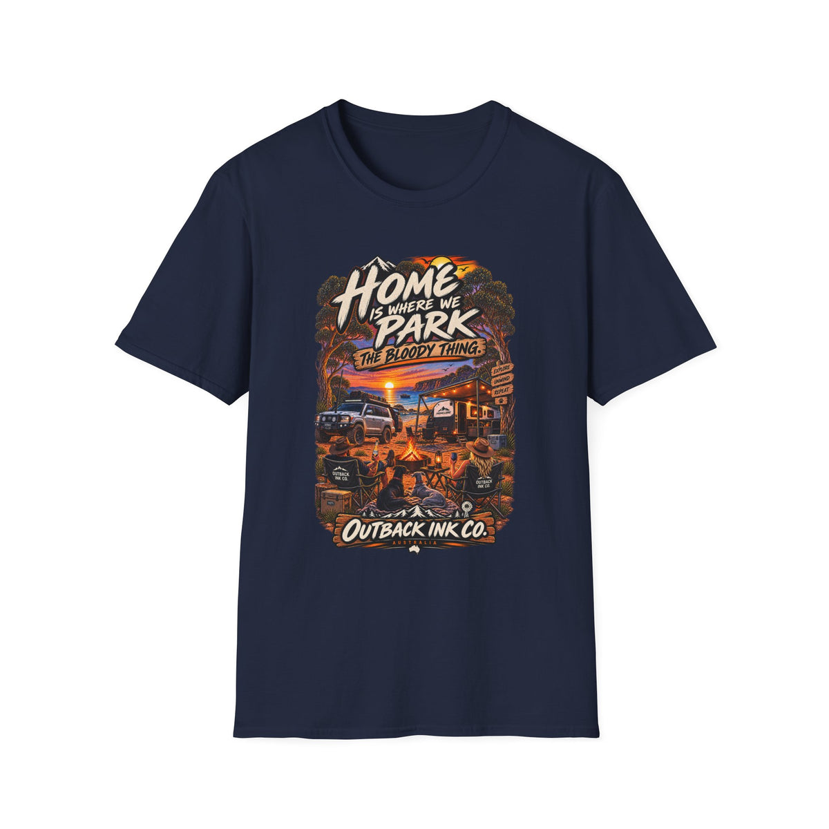 RV Camping T‑Shirt — "Home Is Where We Park the Bloody Thing" Vintage Sunset Tee