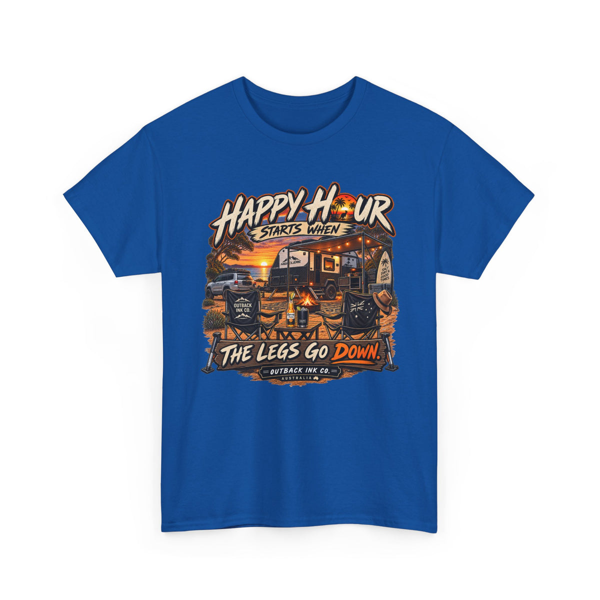 Happy Hour Camper T-Shirt — "Happy Hour Starts When The Legs Go Down" RV Camping Tee