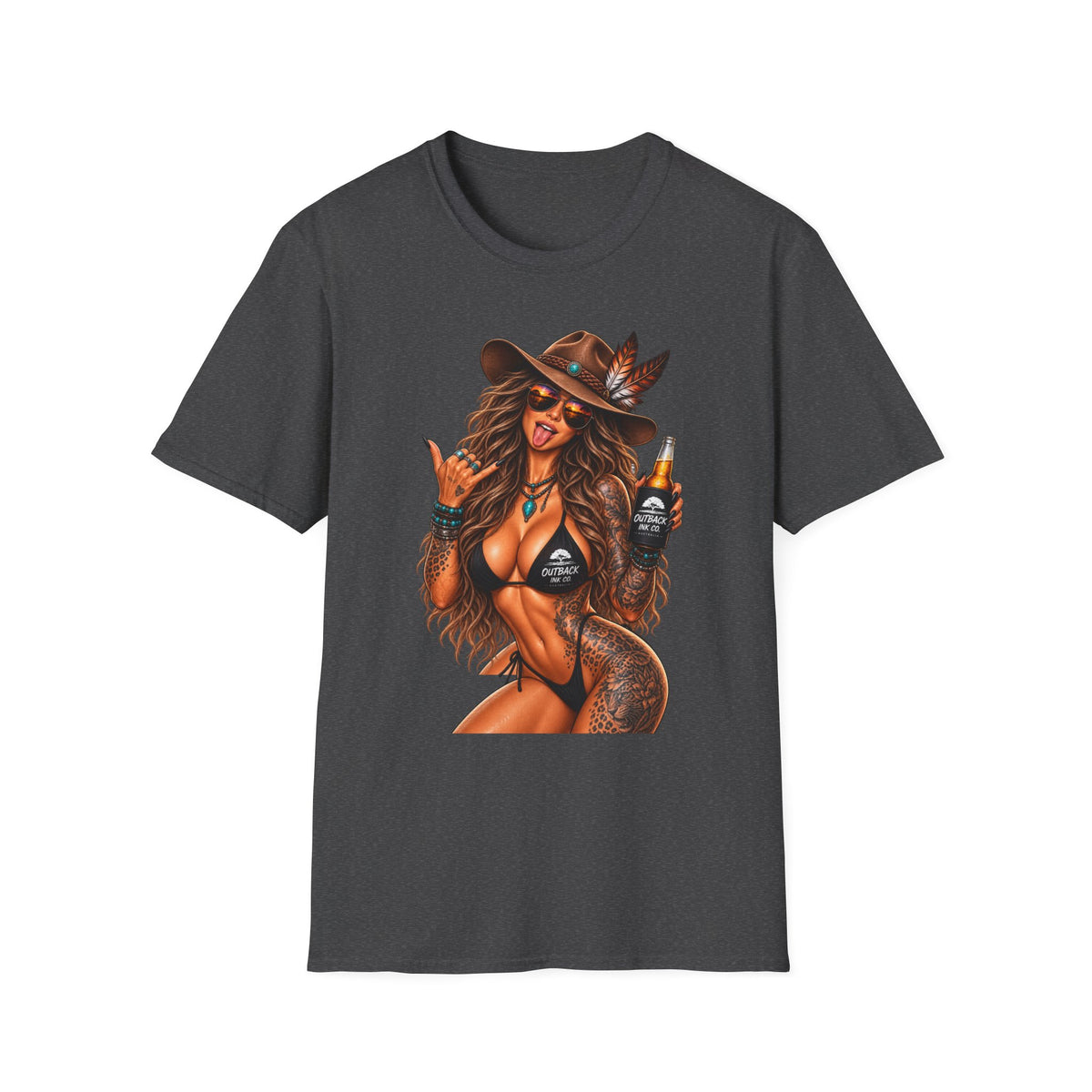 Cowgirl Pinup T-Shirt — Retro Sexy Cowgirl Graphic Tee with Bottle