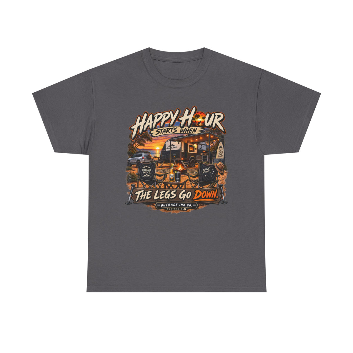 Happy Hour Camper T-Shirt — "Happy Hour Starts When The Legs Go Down" RV Camping Tee