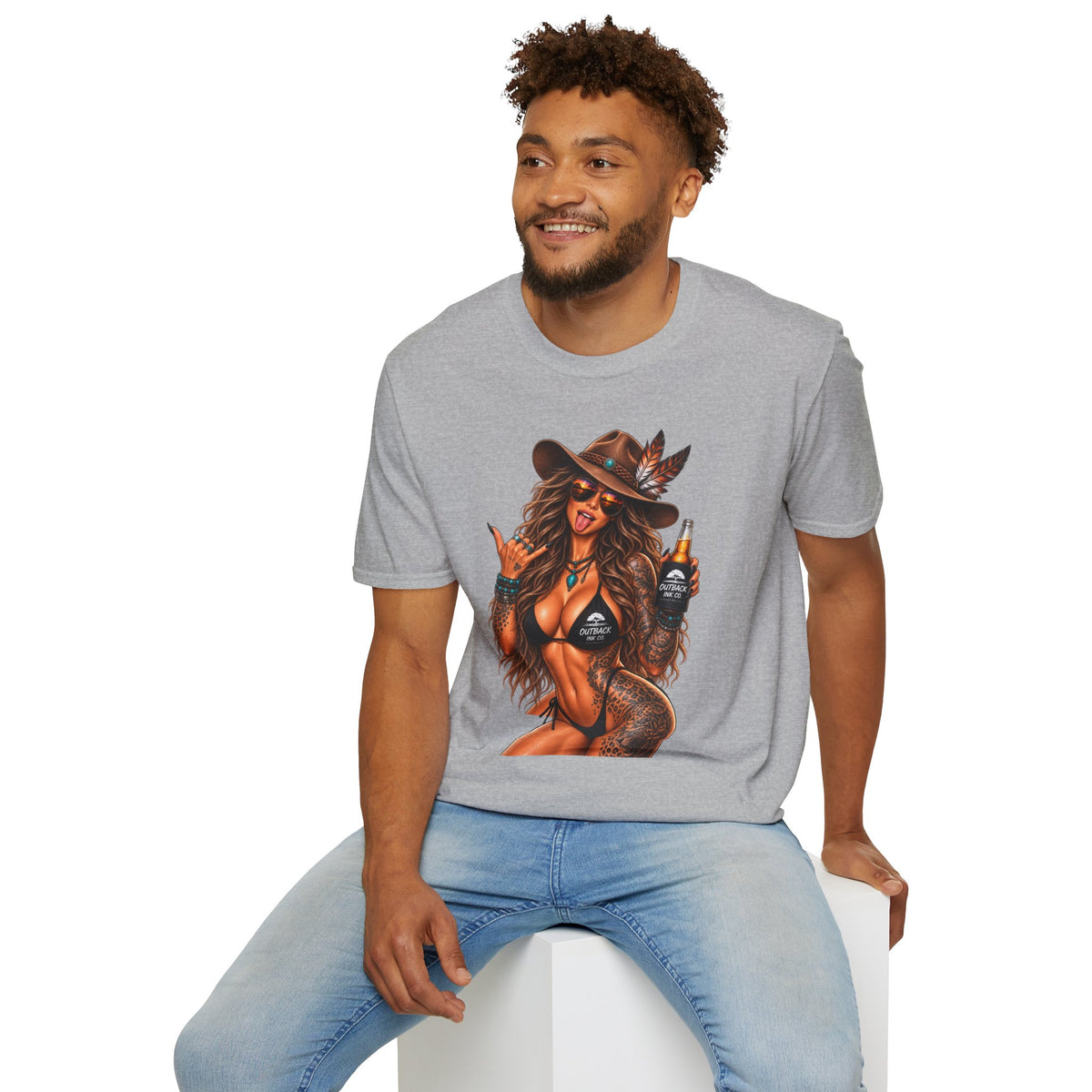 Cowgirl Pinup T-Shirt — Retro Sexy Cowgirl Graphic Tee with Bottle