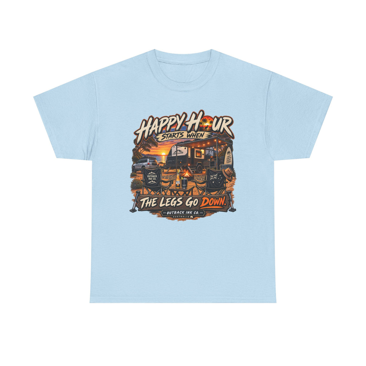 Happy Hour Camper T-Shirt — "Happy Hour Starts When The Legs Go Down" RV Camping Tee