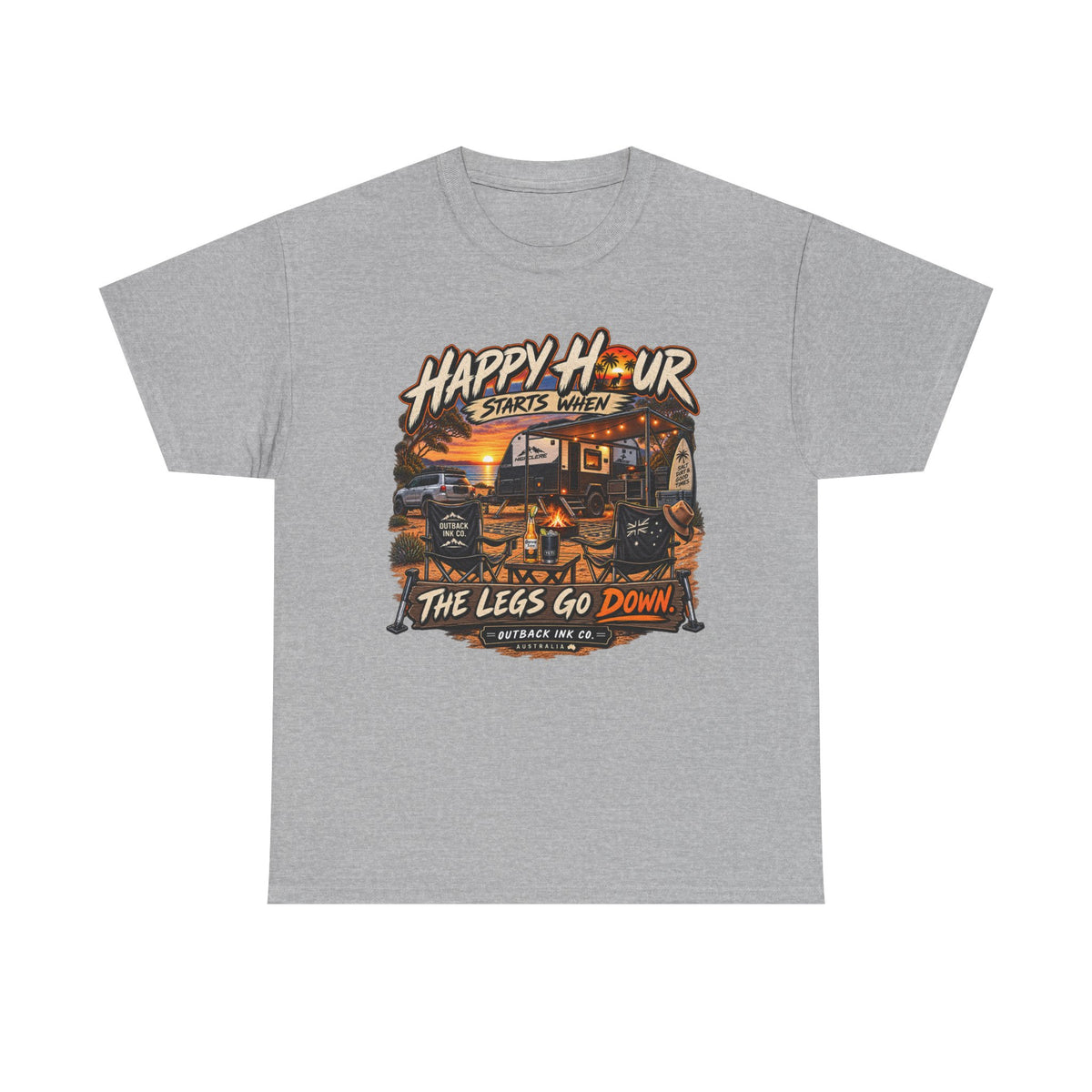 Happy Hour Camper T-Shirt — "Happy Hour Starts When The Legs Go Down" RV Camping Tee