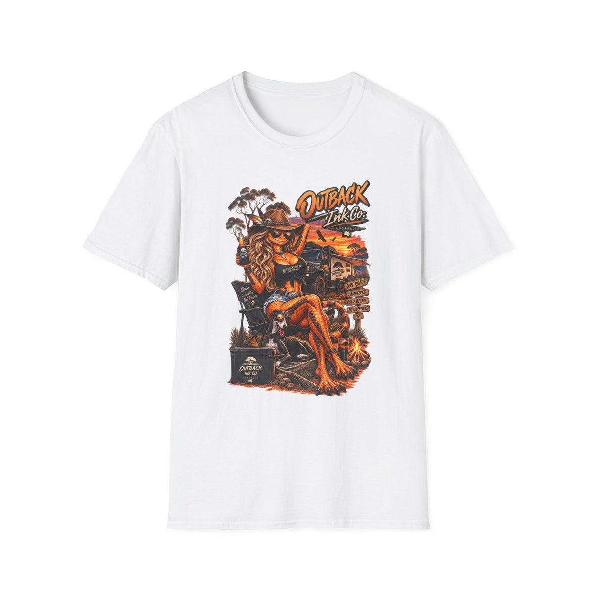 Outback Ink Co. Graphic T-Shirt — Retro Sunset Cowgirl Tattoo Design