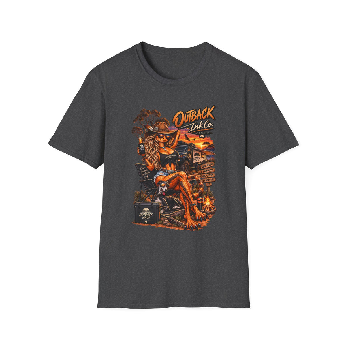 Outback Ink Co. Graphic T-Shirt — Retro Sunset Cowgirl Tattoo Design