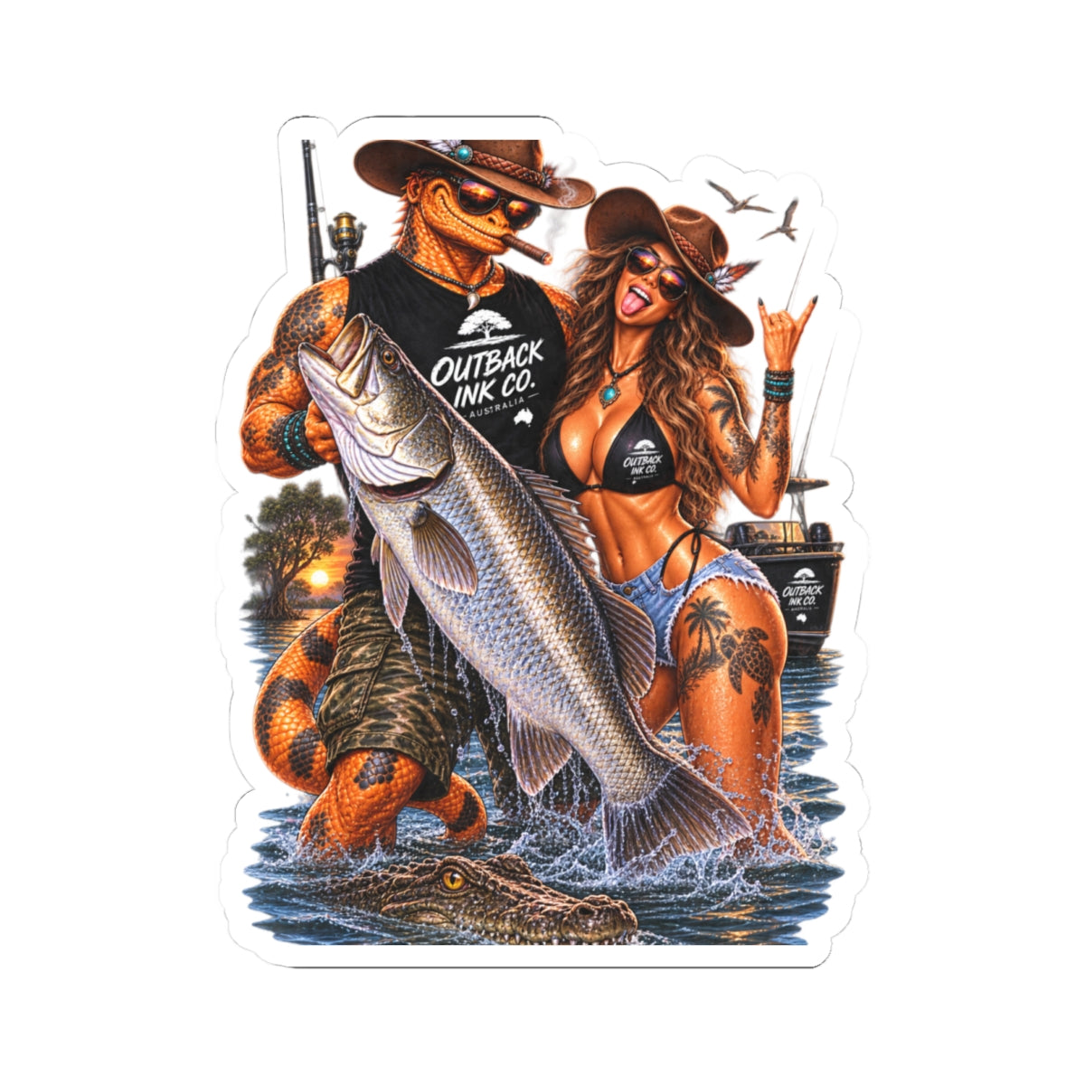 Fishing Couple Sticker — Outback Ink Co. Bass Catch Kiss-Cut Sticker