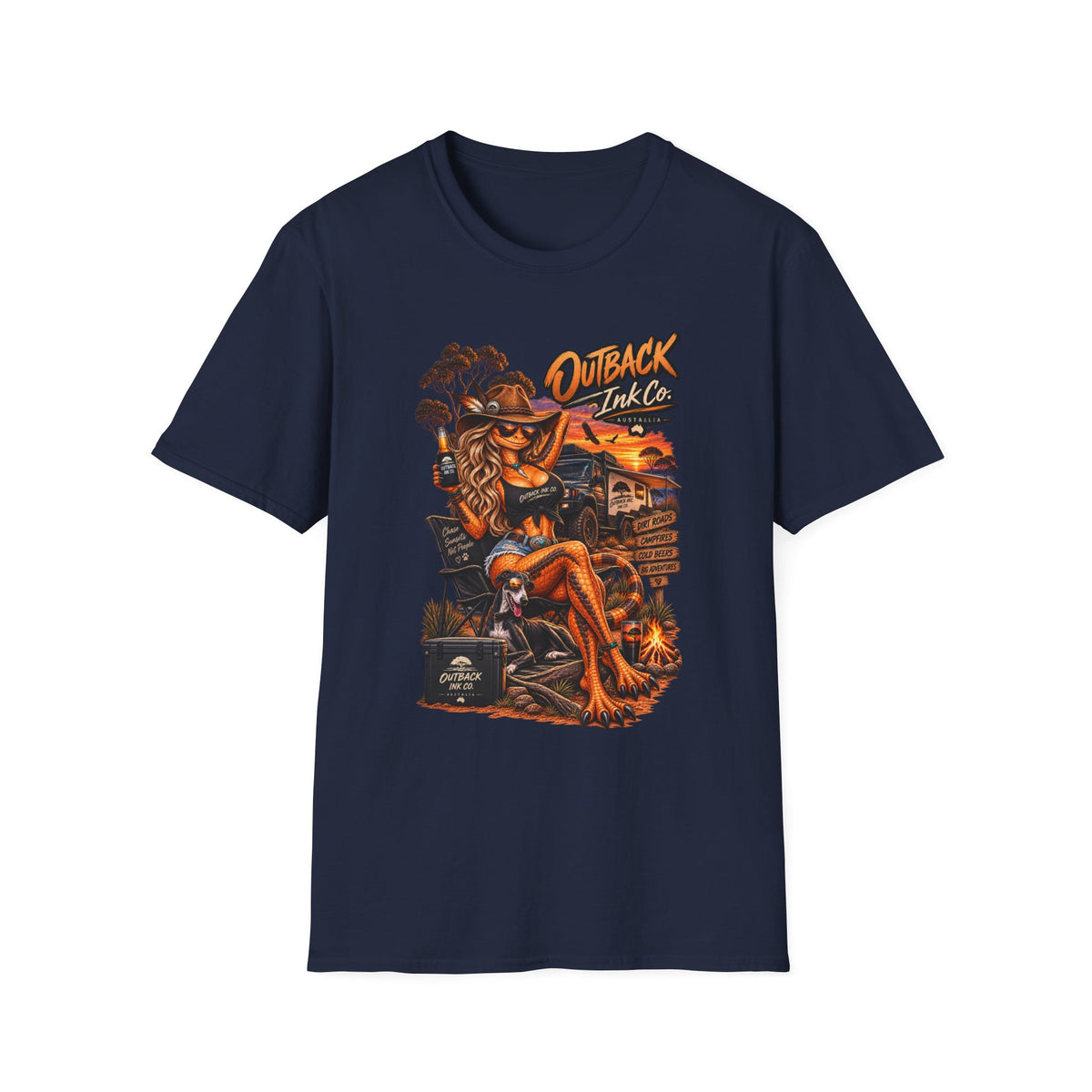 Outback Ink Co. Graphic T-Shirt — Retro Sunset Cowgirl Tattoo Design