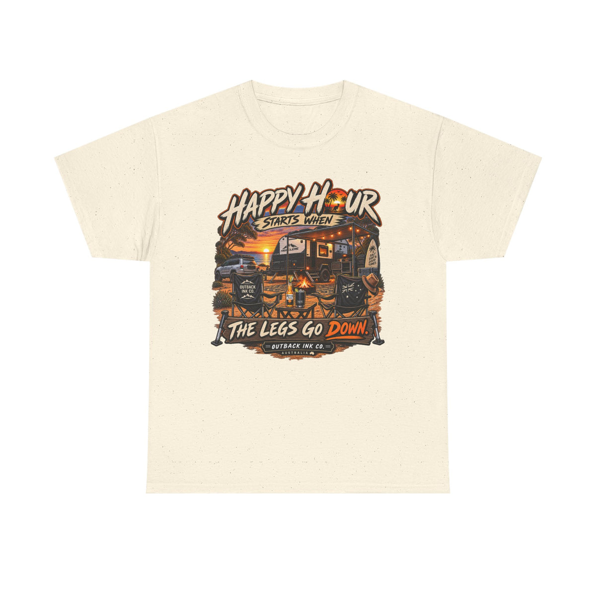 Happy Hour Camper T-Shirt — "Happy Hour Starts When The Legs Go Down" RV Camping Tee
