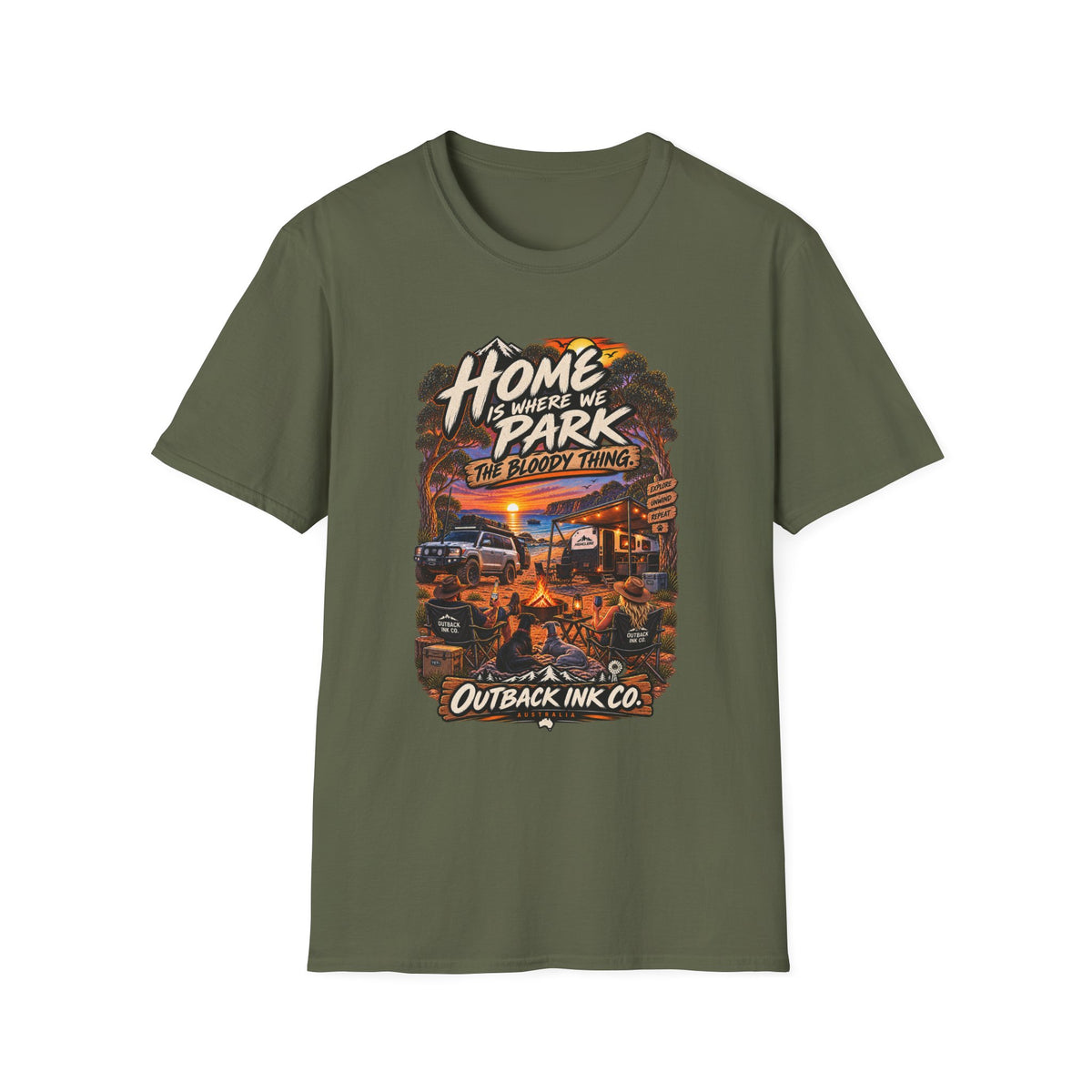 RV Camping T‑Shirt — "Home Is Where We Park the Bloody Thing" Vintage Sunset Tee