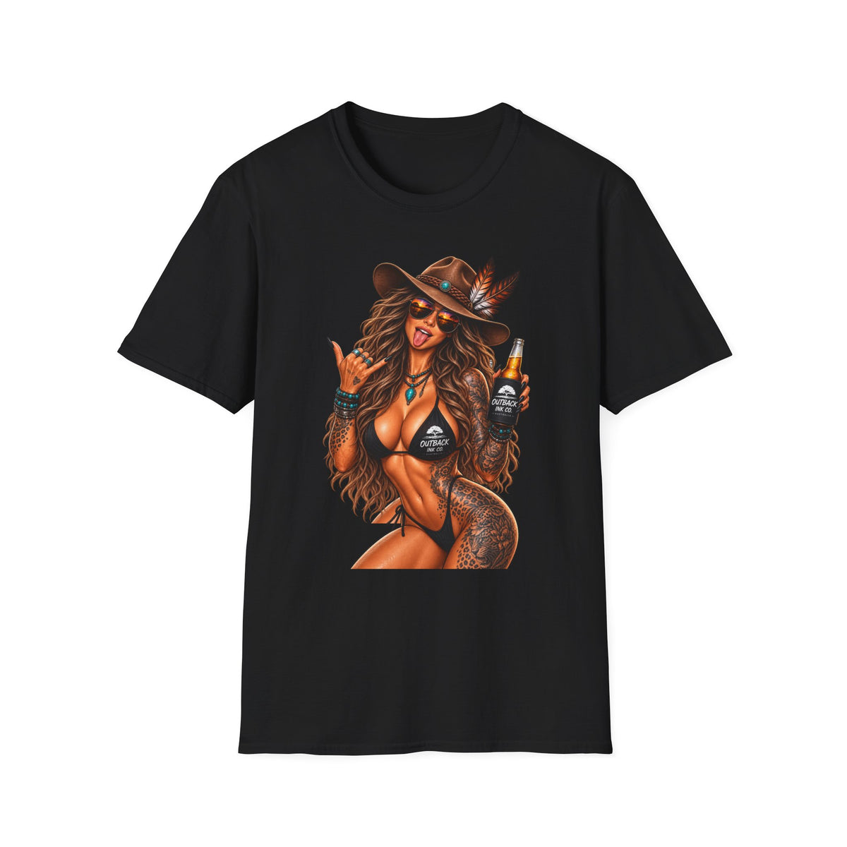 Cowgirl Pinup T-Shirt — Retro Sexy Cowgirl Graphic Tee with Bottle