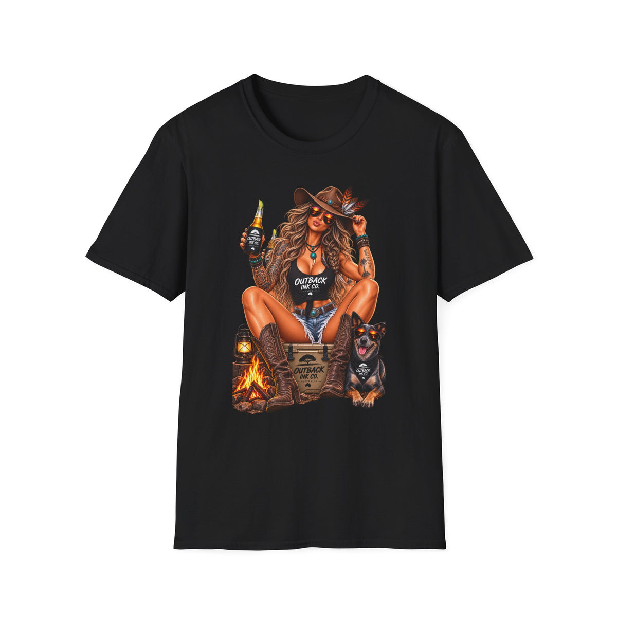 Outback Cowgirl T‑Shirt — Sexy Western Cowgirl with Beer Graphic