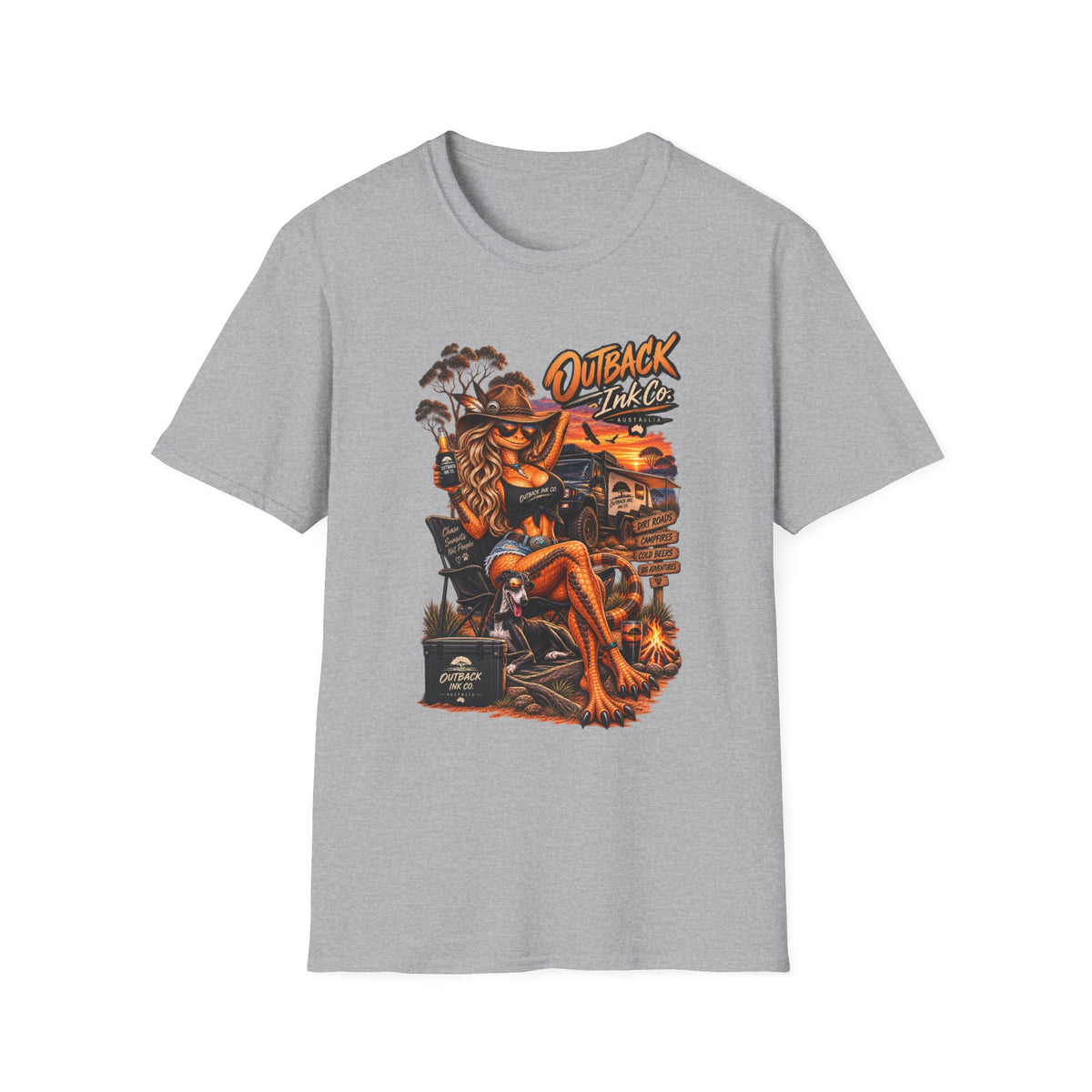 Outback Ink Co. Graphic T-Shirt — Retro Sunset Cowgirl Tattoo Design