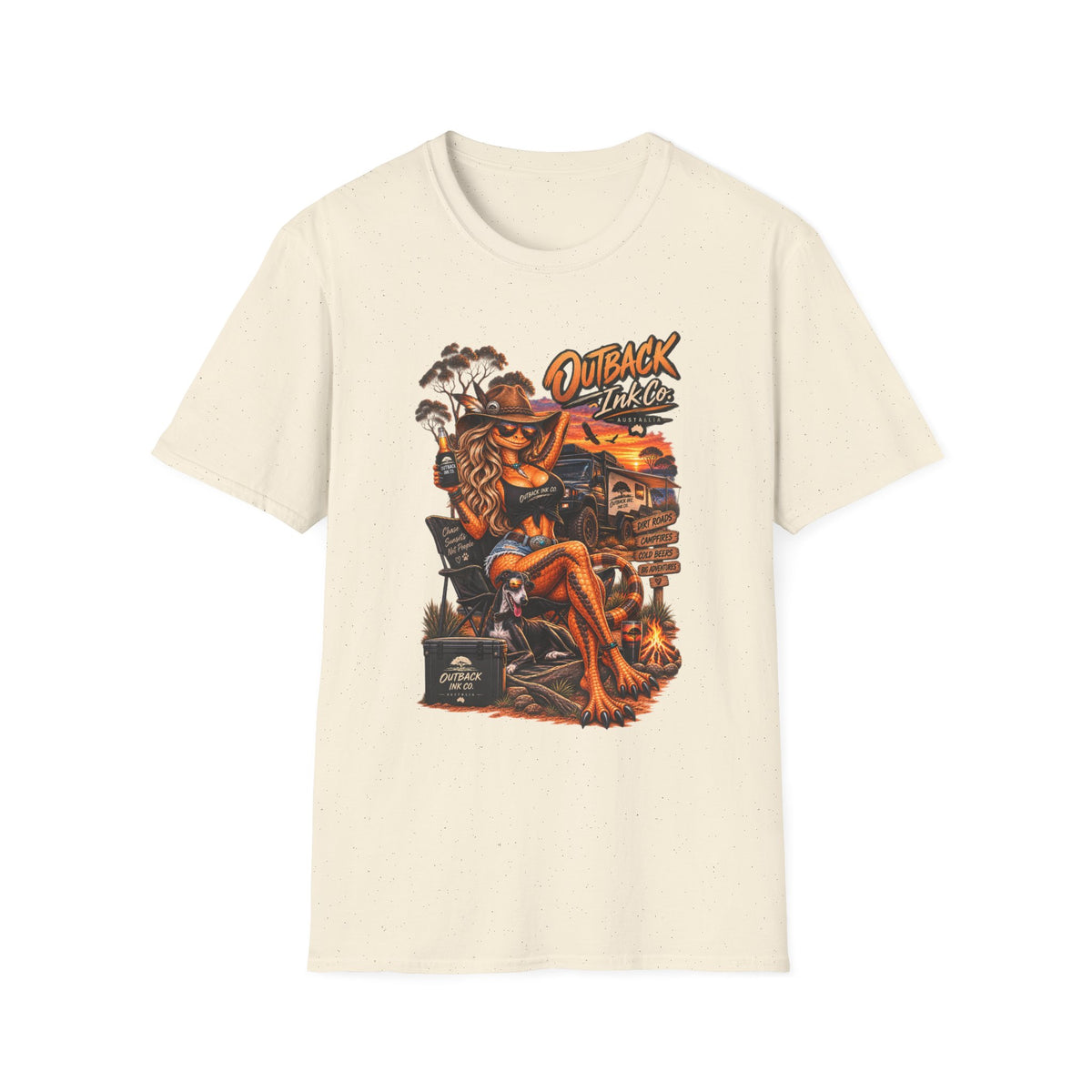 Outback Ink Co. Graphic T-Shirt — Retro Sunset Cowgirl Tattoo Design