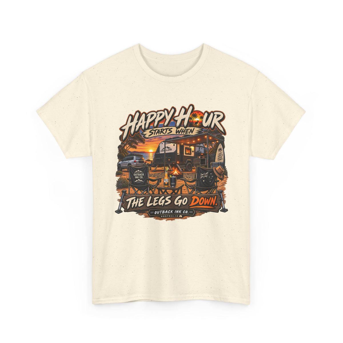 Happy Hour Camper T-Shirt — "Happy Hour Starts When The Legs Go Down" RV Camping Tee