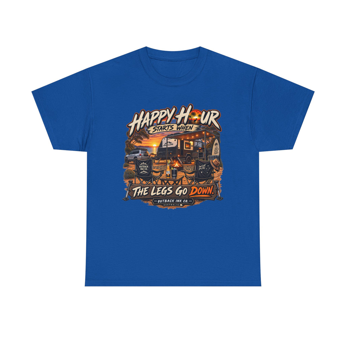 Happy Hour Camper T-Shirt — "Happy Hour Starts When The Legs Go Down" RV Camping Tee