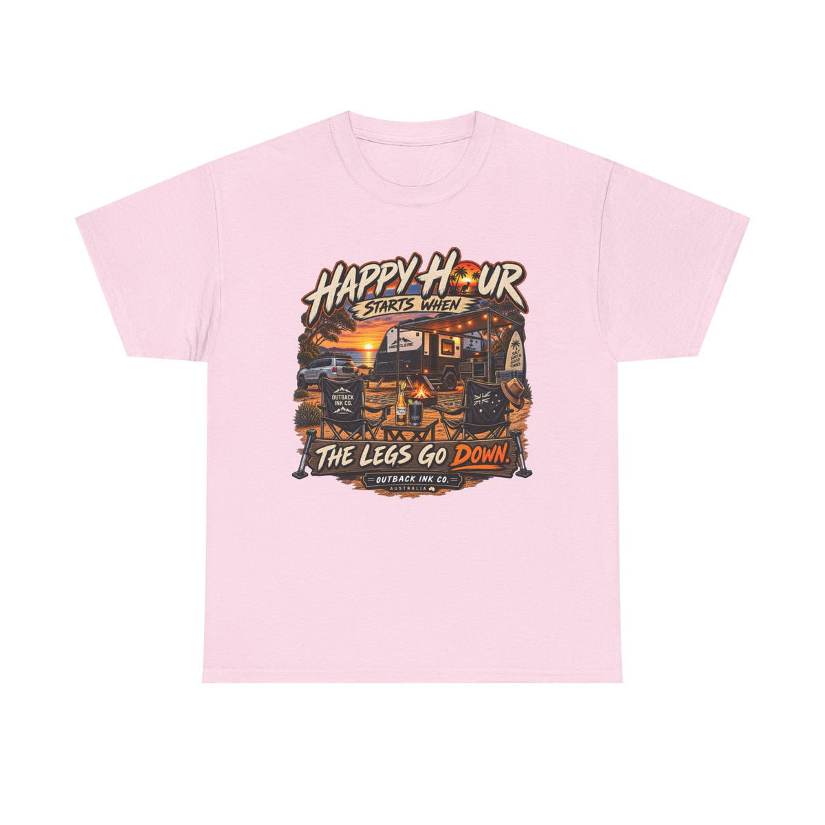 Happy Hour Camper T-Shirt — "Happy Hour Starts When The Legs Go Down" RV Camping Tee