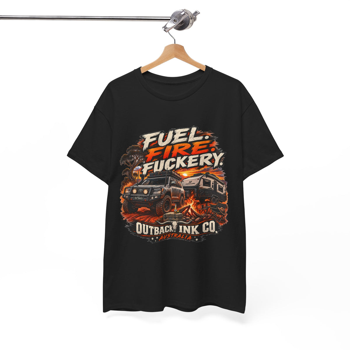Fuel, Fire & Fuckery Tee — Retro Camping 4x4 Graphic T-Shirt