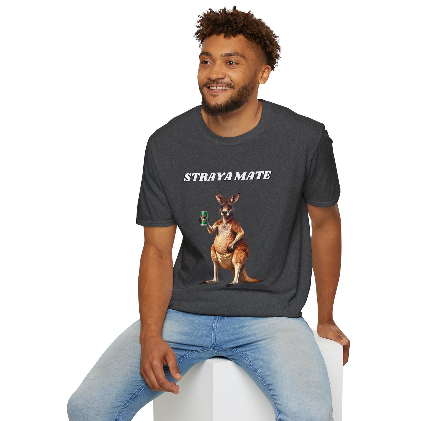 Straya Mate T-Shirt — Aussie Kangaroo with Can Graphic