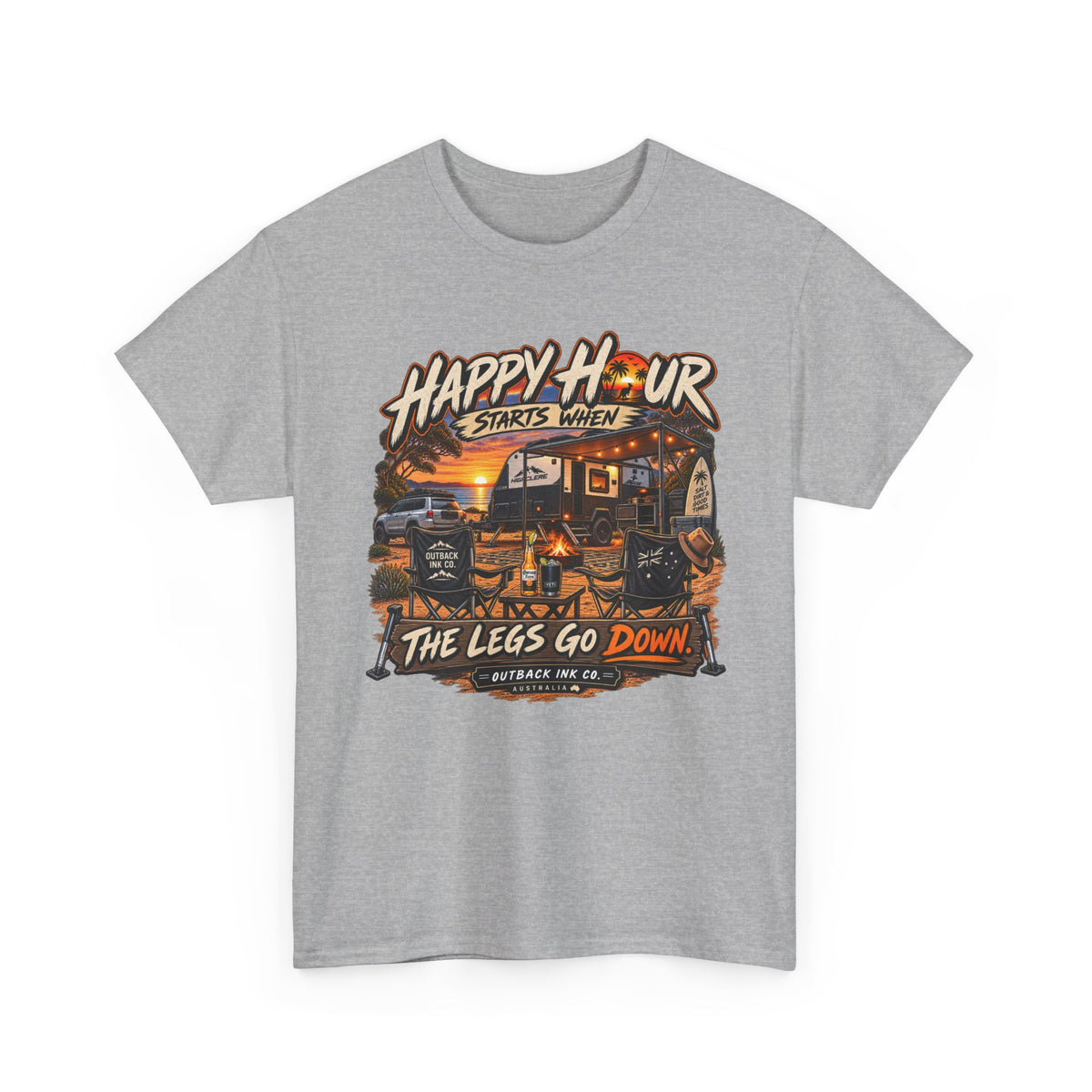 Happy Hour Camper T-Shirt — "Happy Hour Starts When The Legs Go Down" RV Camping Tee