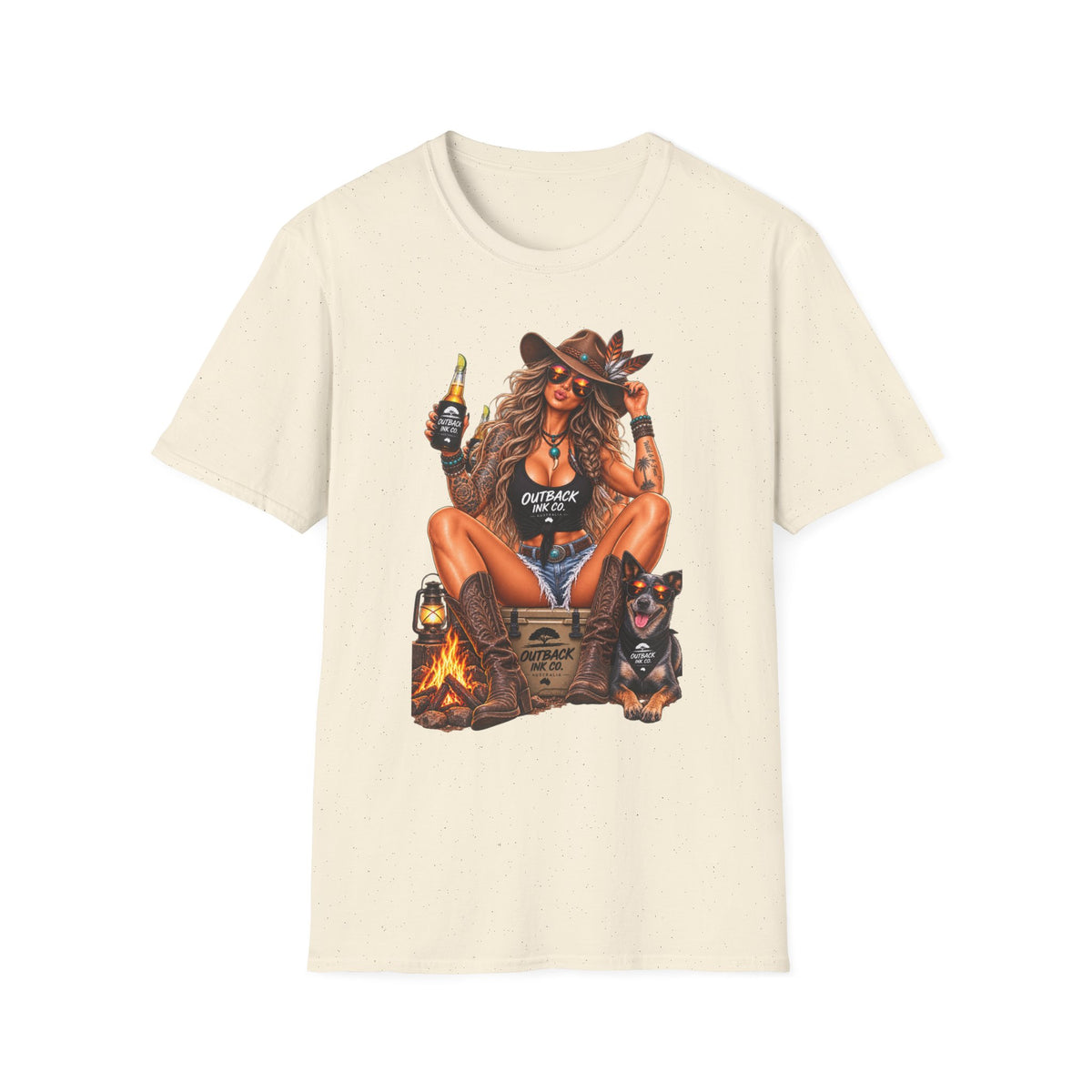 Outback Cowgirl T‑Shirt — Sexy Western Cowgirl with Beer Graphic