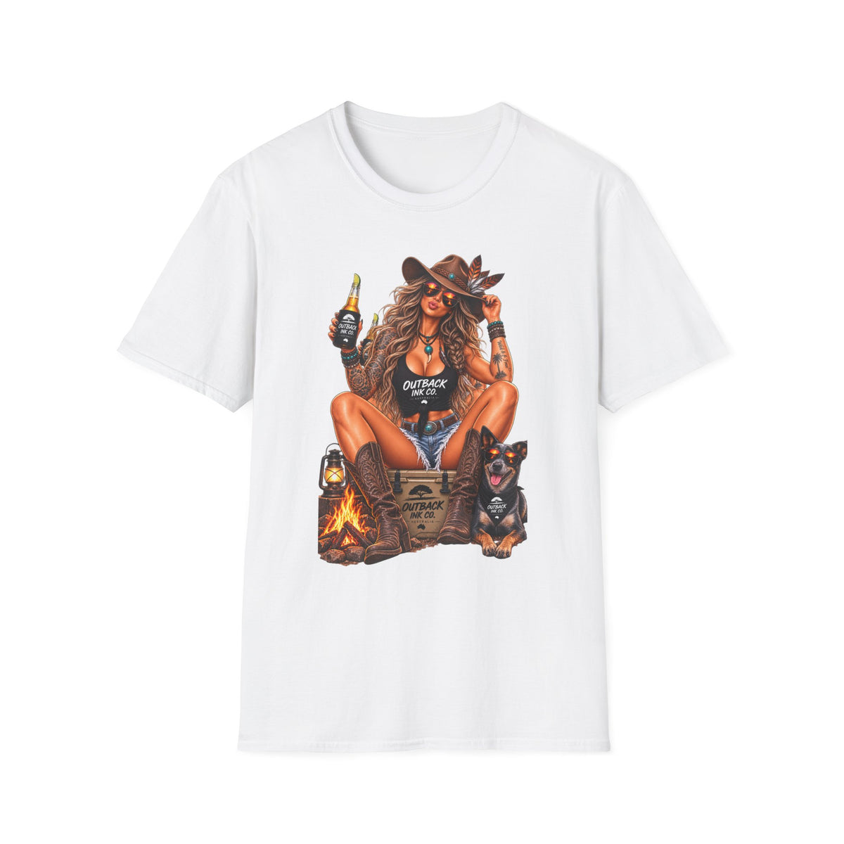 Outback Cowgirl T‑Shirt — Sexy Western Cowgirl with Beer Graphic