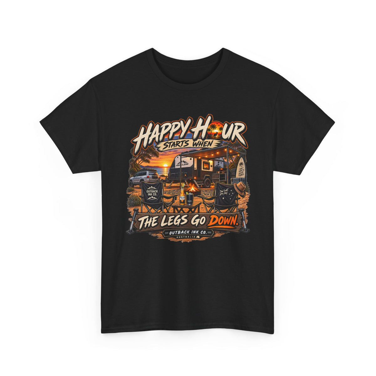 Happy Hour Camper T-Shirt — "Happy Hour Starts When The Legs Go Down" RV Camping Tee