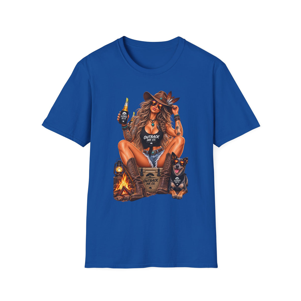 Outback Cowgirl T‑Shirt — Sexy Western Cowgirl with Beer Graphic