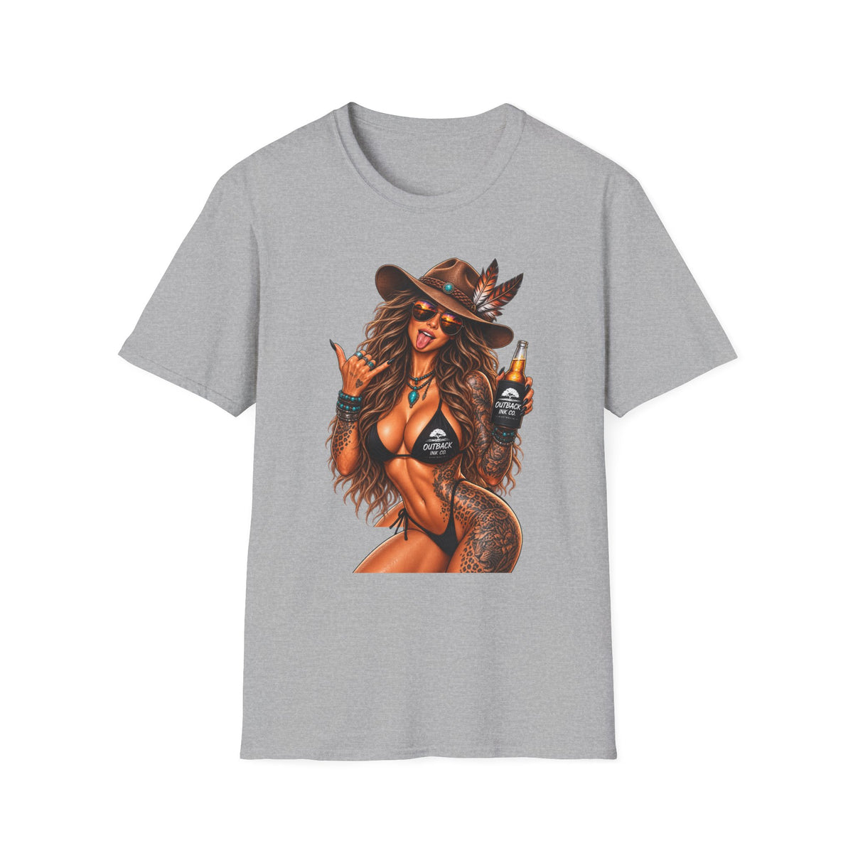 Cowgirl Pinup T-Shirt — Retro Sexy Cowgirl Graphic Tee with Bottle
