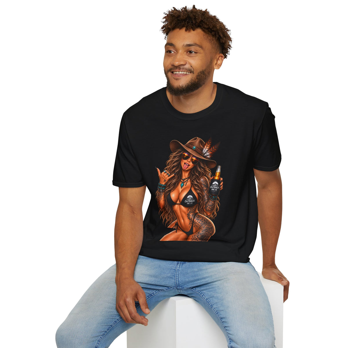 Cowgirl Pinup T-Shirt — Retro Sexy Cowgirl Graphic Tee with Bottle