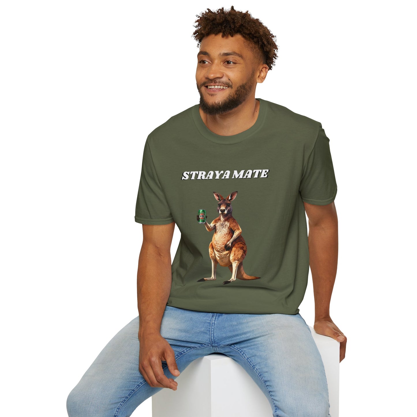 Straya Mate T-Shirt — Aussie Kangaroo with Can Graphic