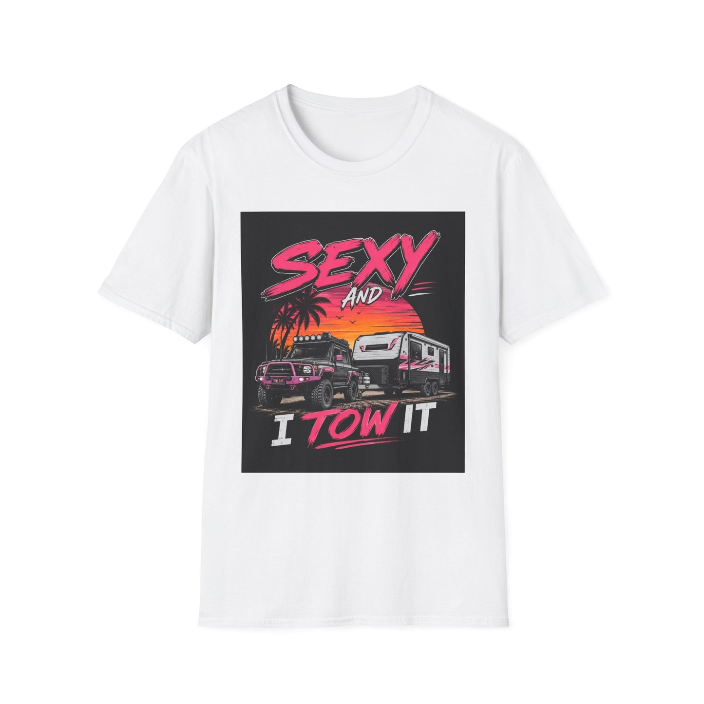 Sexy and I Tow It T‑Shirt — Retro Sunset Tow Truck Tee