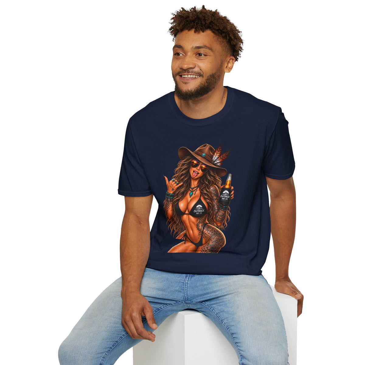 Cowgirl Pinup T-Shirt — Retro Sexy Cowgirl Graphic Tee with Bottle