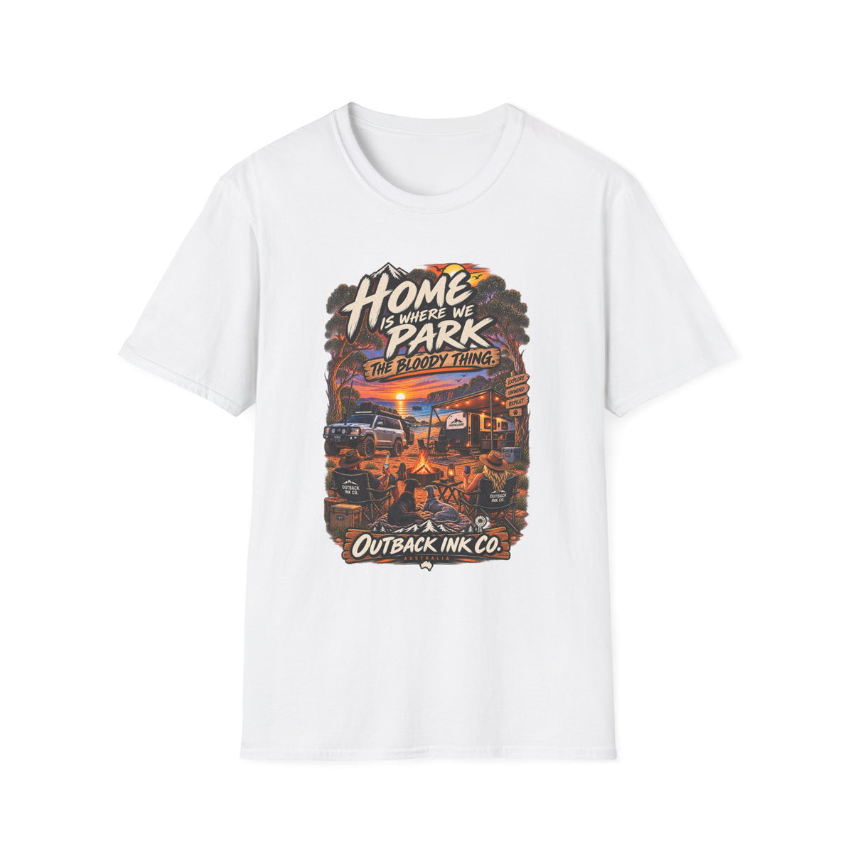 RV Camping T‑Shirt — "Home Is Where We Park the Bloody Thing" Vintage Sunset Tee