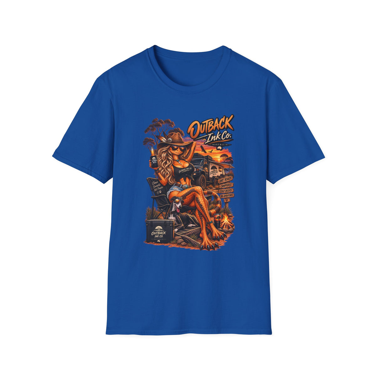 Outback Ink Co. Graphic T-Shirt — Retro Sunset Cowgirl Tattoo Design