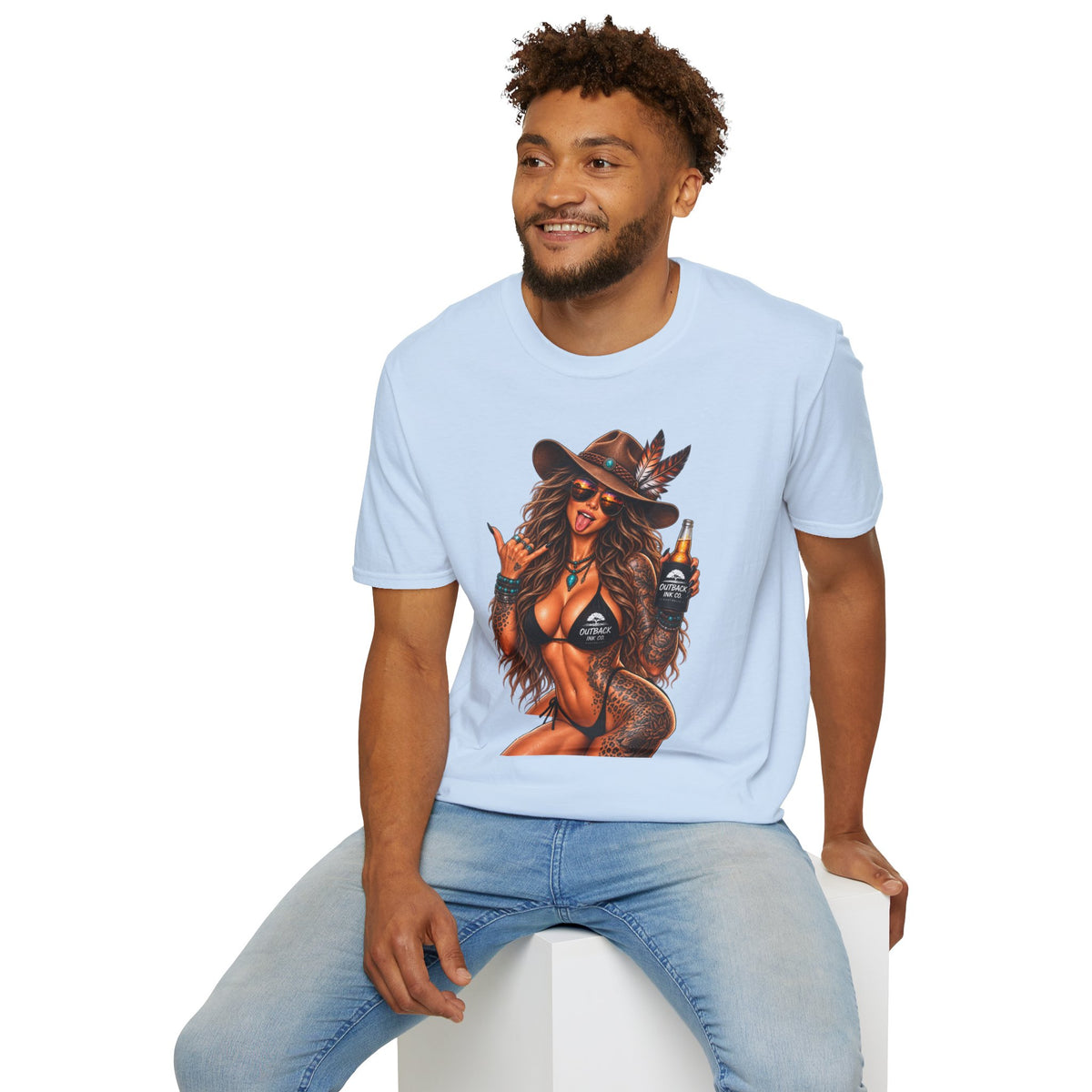 Cowgirl Pinup T-Shirt — Retro Sexy Cowgirl Graphic Tee with Bottle