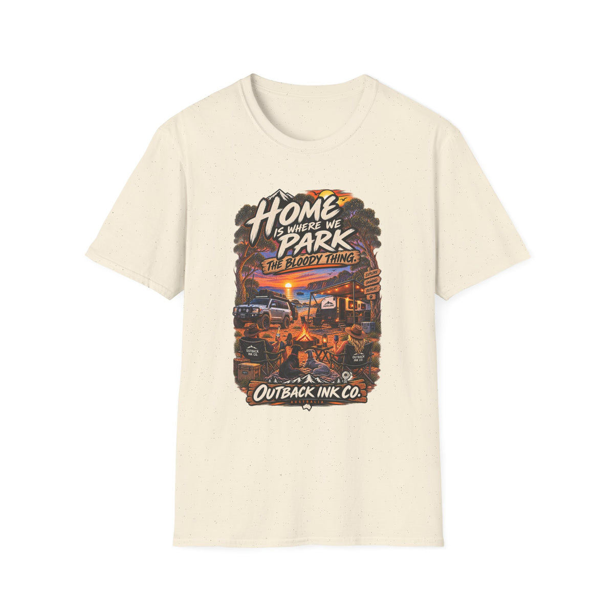 RV Camping T‑Shirt — "Home Is Where We Park the Bloody Thing" Vintage Sunset Tee