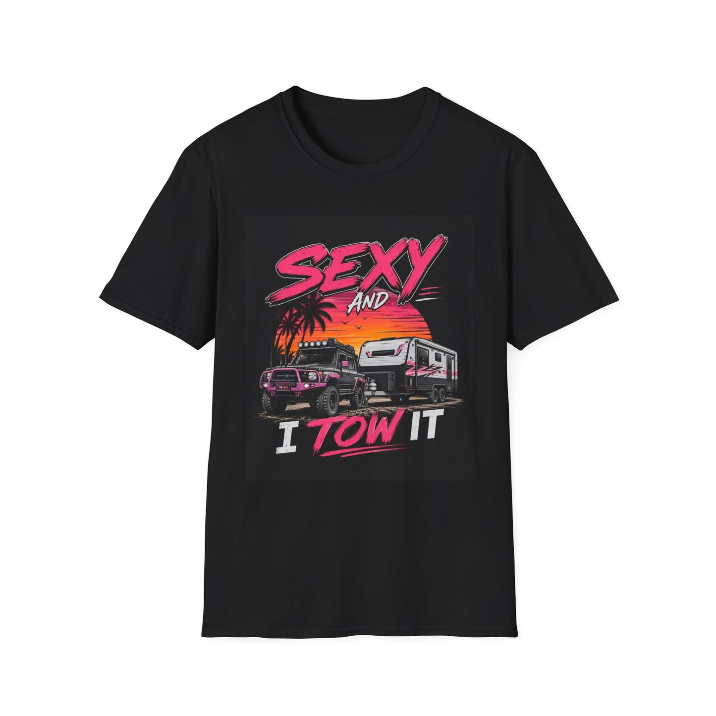Sexy and I Tow It T‑Shirt — Retro Sunset Tow Truck Tee