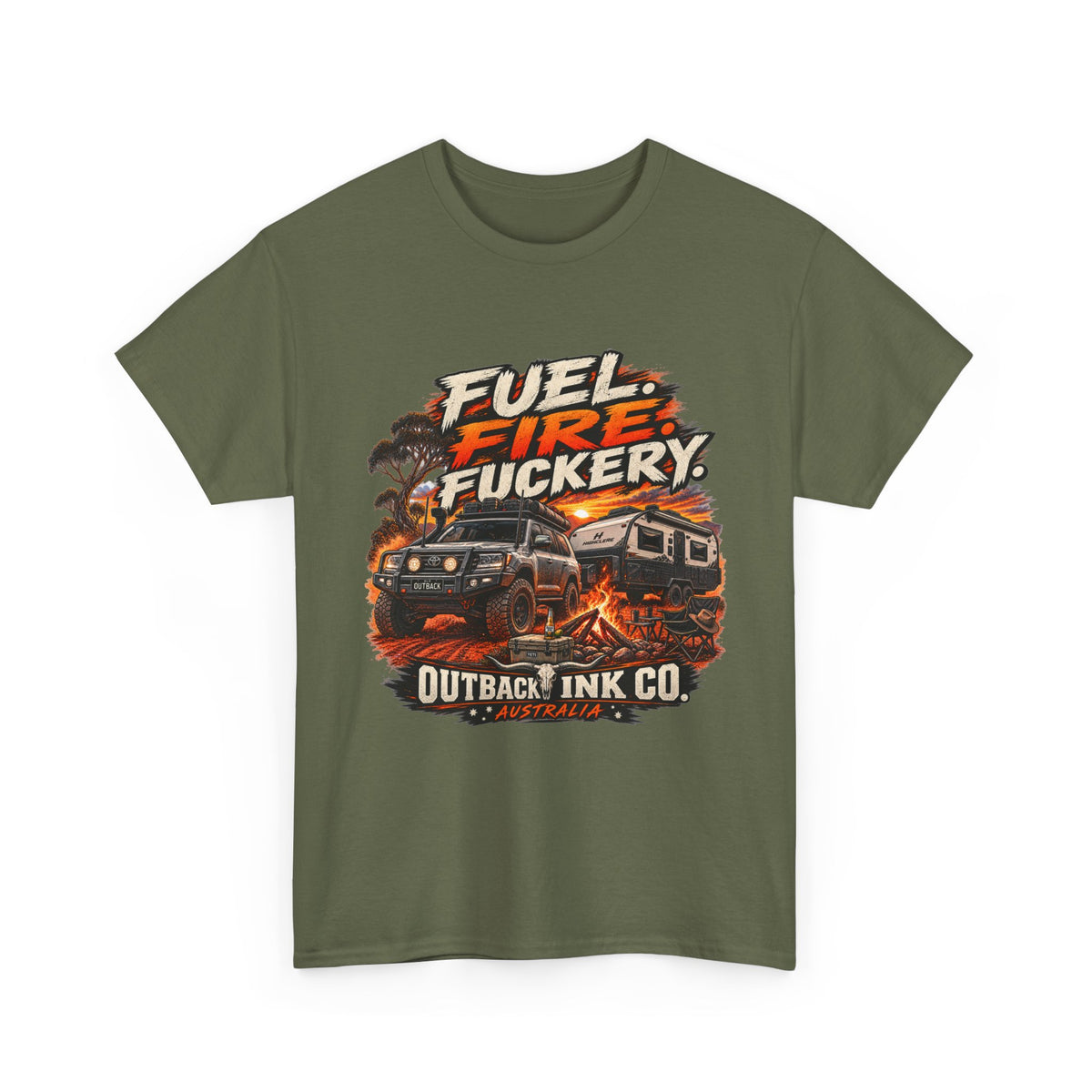 Fuel, Fire & Fuckery Tee — Retro Camping 4x4 Graphic T-Shirt