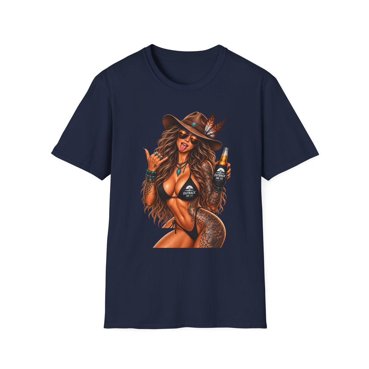 Cowgirl Pinup T-Shirt — Retro Sexy Cowgirl Graphic Tee with Bottle