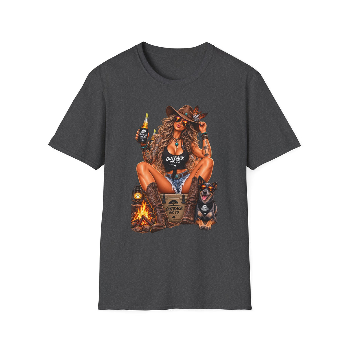Outback Cowgirl T‑Shirt — Sexy Western Cowgirl with Beer Graphic