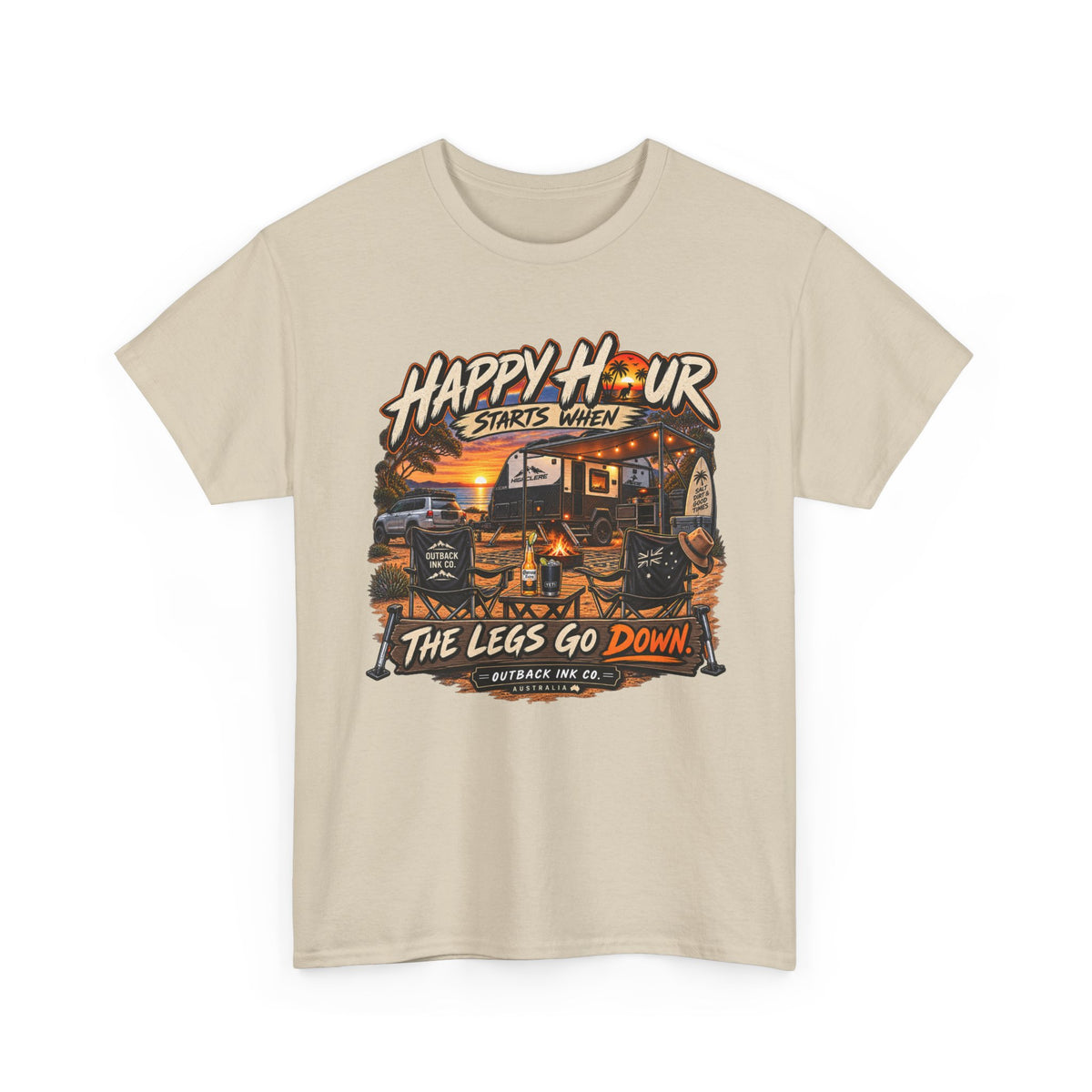 Happy Hour Camper T-Shirt — "Happy Hour Starts When The Legs Go Down" RV Camping Tee