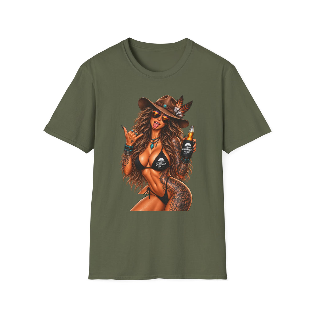 Cowgirl Pinup T-Shirt — Retro Sexy Cowgirl Graphic Tee with Bottle