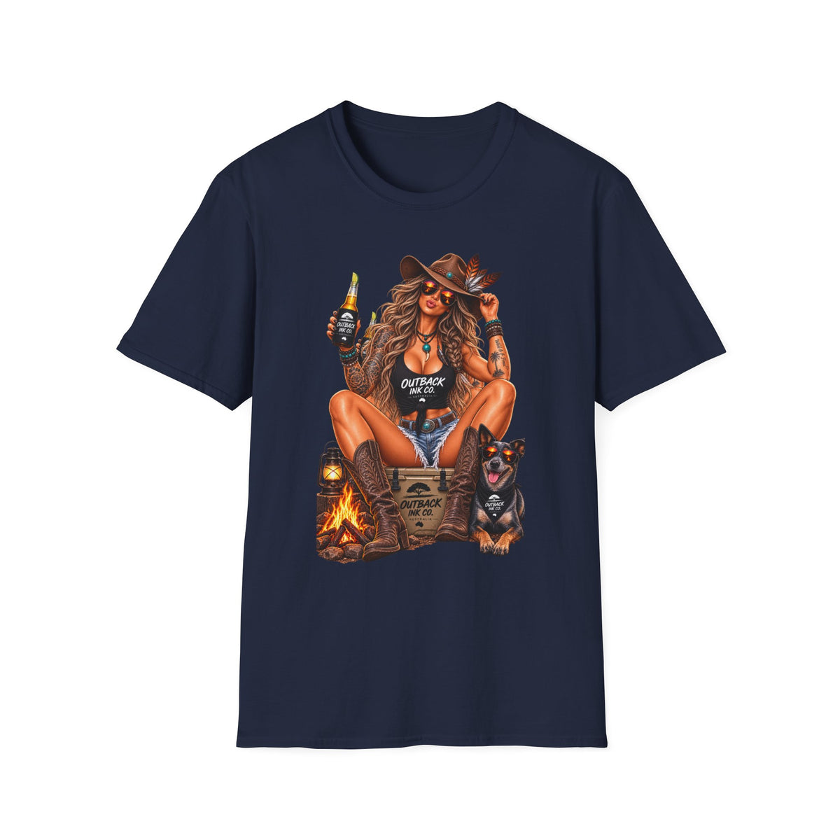 Outback Cowgirl T‑Shirt — Sexy Western Cowgirl with Beer Graphic
