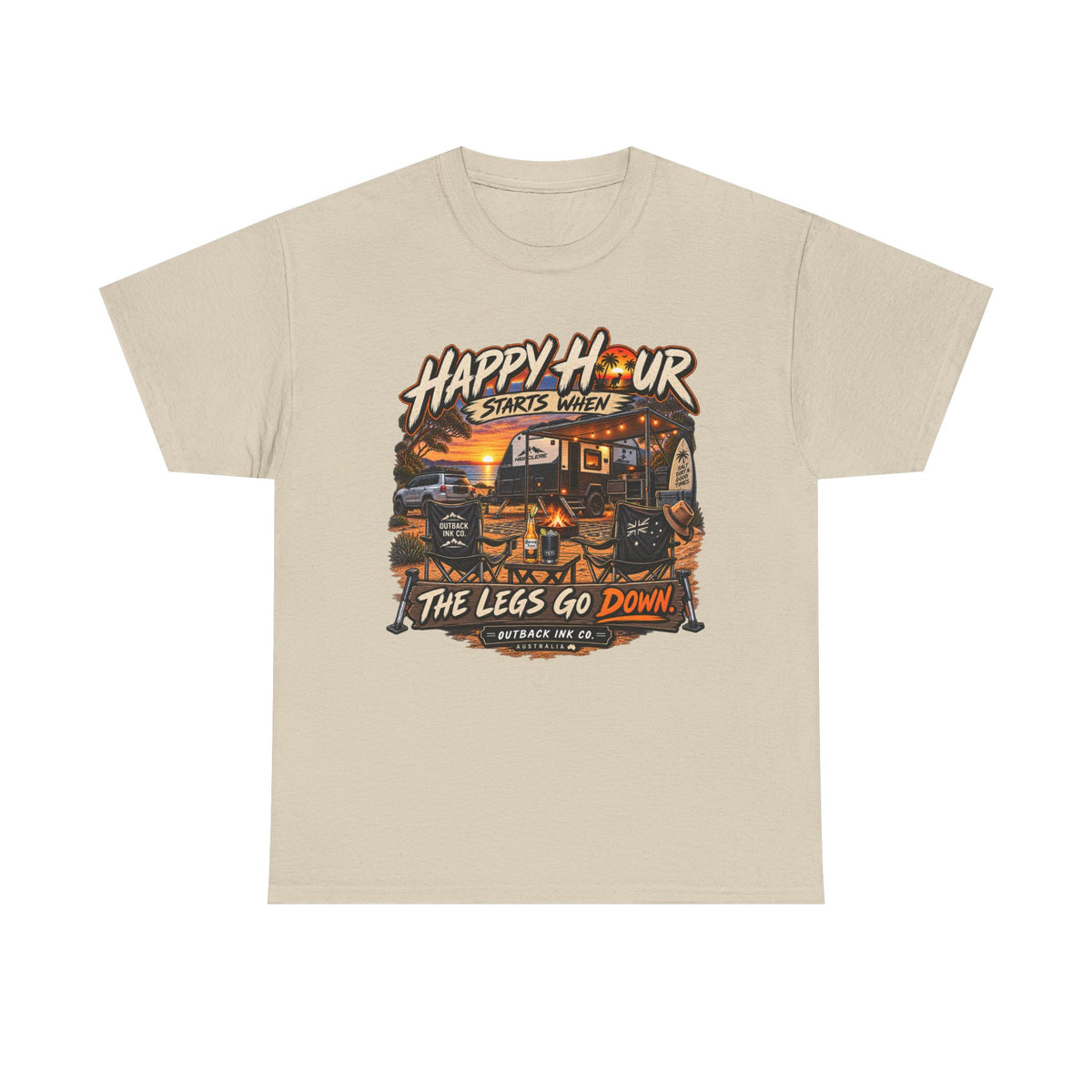 Happy Hour Camper T-Shirt — "Happy Hour Starts When The Legs Go Down" RV Camping Tee