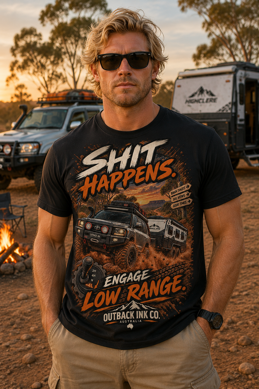 T-Shirt — “Shit Happens” Off‑Road Adventure Graphic Tee