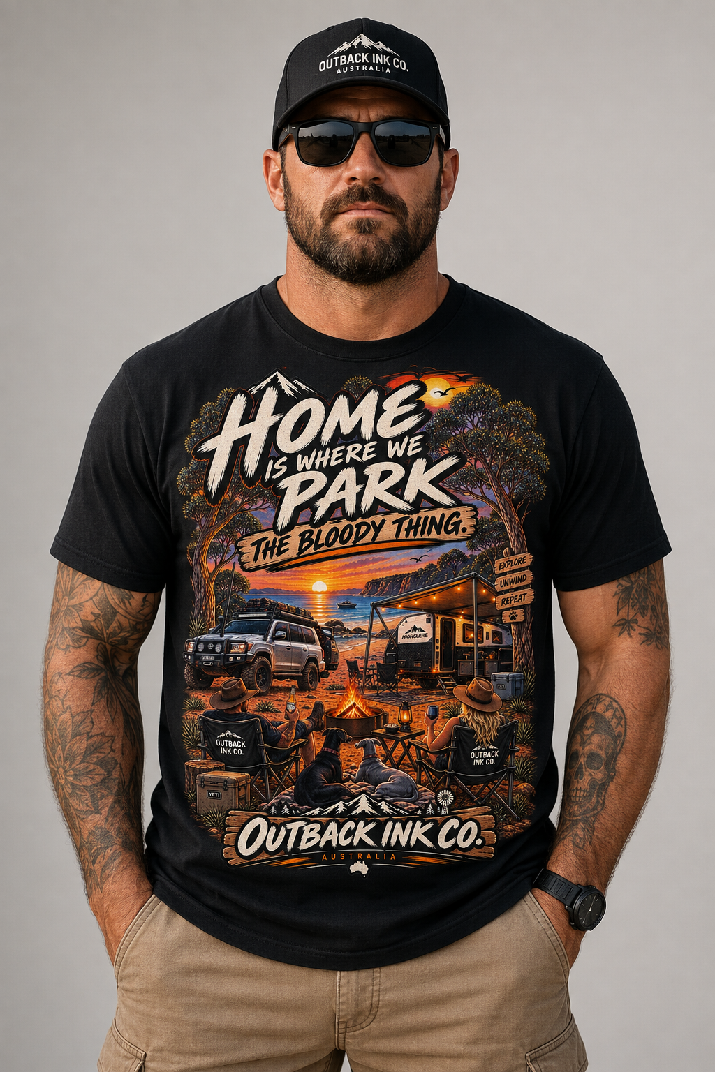 RV Camping T‑Shirt — "Home Is Where We Park the Bloody Thing" Vintage Sunset Tee