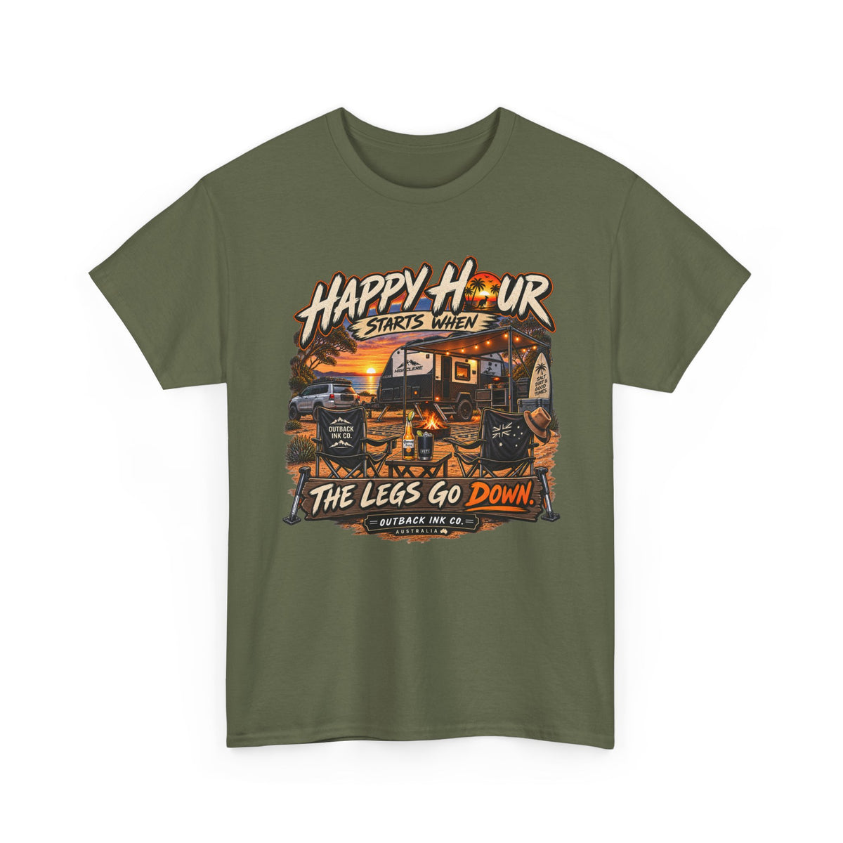 Happy Hour Camper T-Shirt — "Happy Hour Starts When The Legs Go Down" RV Camping Tee